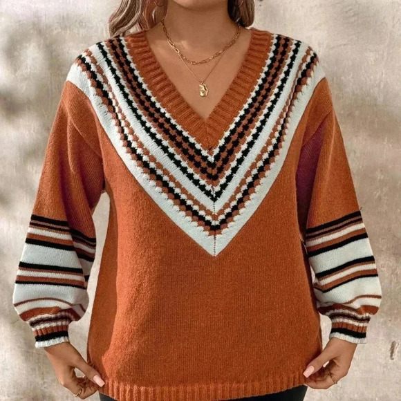 Orange Casual Women's Plus Size Knitted Loose Colorblock V-Neck Pullover Sweater - Picture 4 of 8